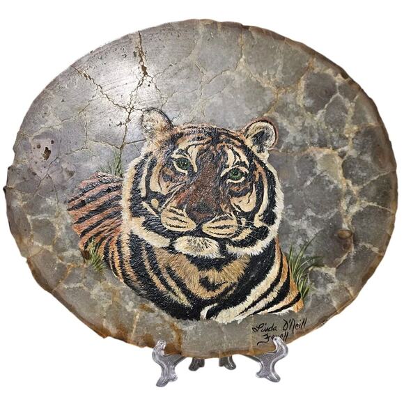 Tiger Rock Stone Art Artist Signed Hand Painted Oval Big Cat Decor Painting Flat - Picture 1 of 9